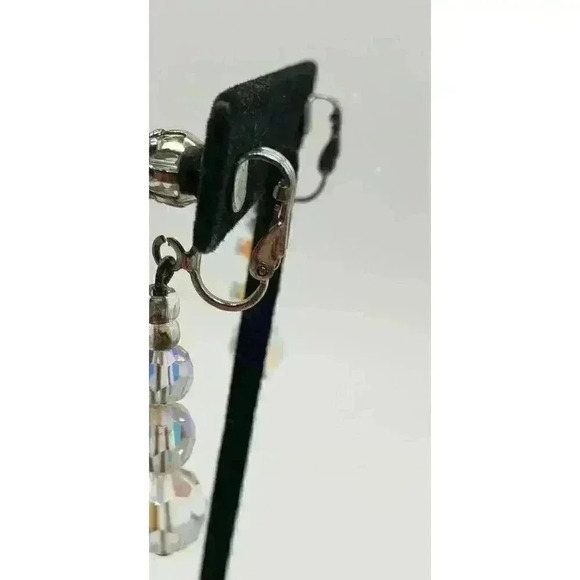 Vintage Earrings Clip Long Dangle Glass Bead Faceted Aurora Borealis AB Prism - Picture 3 of 5